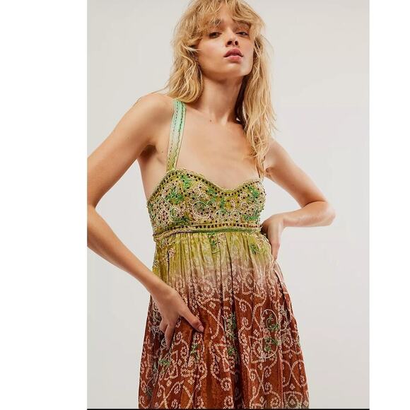 New Free People Into The Nights Maxi Dress $298 X-SMALL Forest Combo EMBROIDERED - Picture 1 of 2